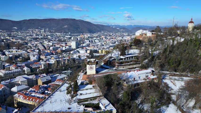 Aerial view of the Clock Tower and Schlossberg, Austria.