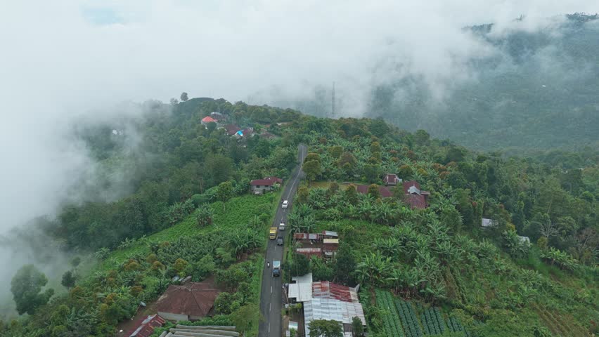 Aerial view of a remote road winding through the lush green mountainside of munduk village in bali, with morning fog rolling over the landscape