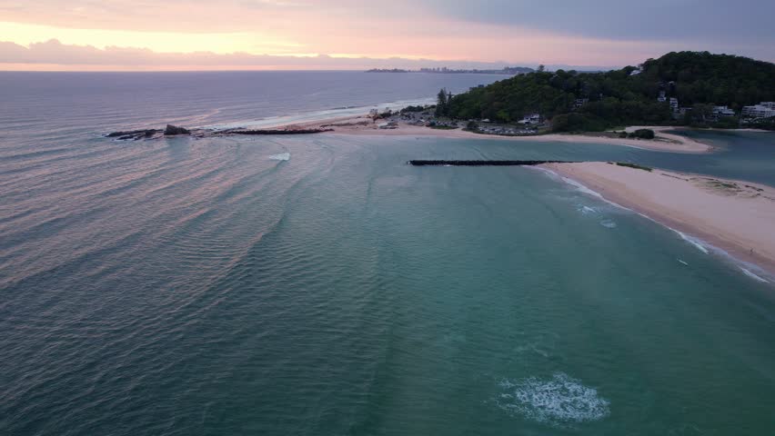 Idyllic Scenery Of Palm Beach And Currumbin Beach At Sunrise In Queensland, Australia - Drone Shot
