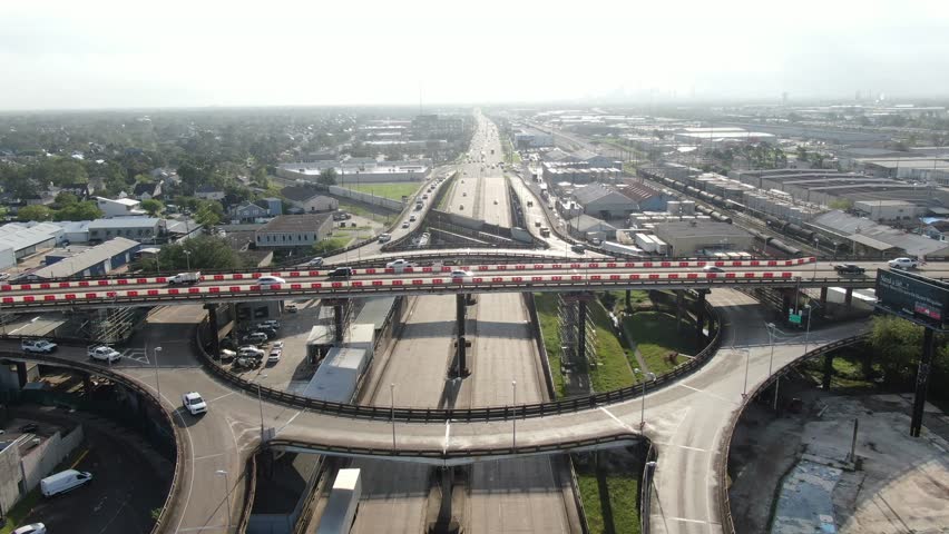 Aerial view of highway interchange, United States.