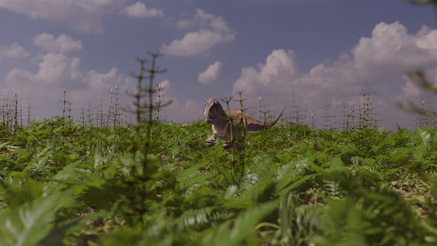 Cinematic 3d animation of an Allosaurus walking through a lush prehistoric environment for documentaries