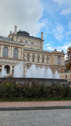 Elegant European architecture framed vertically with fountain in Odesa city, Ukraine