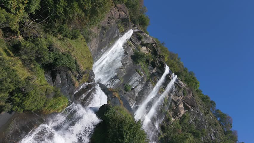 Scenic Acquafraggia Waterfalls In Borgonuovo di Piuro, Valchiavenna, Lombardy, Northern Italy - Drone Shot