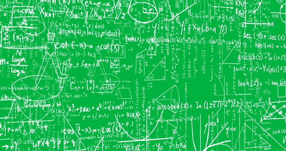 Animation of white mathematical equations and geometric drawings on blackboard. education science research knowledge concept digitally generated image.