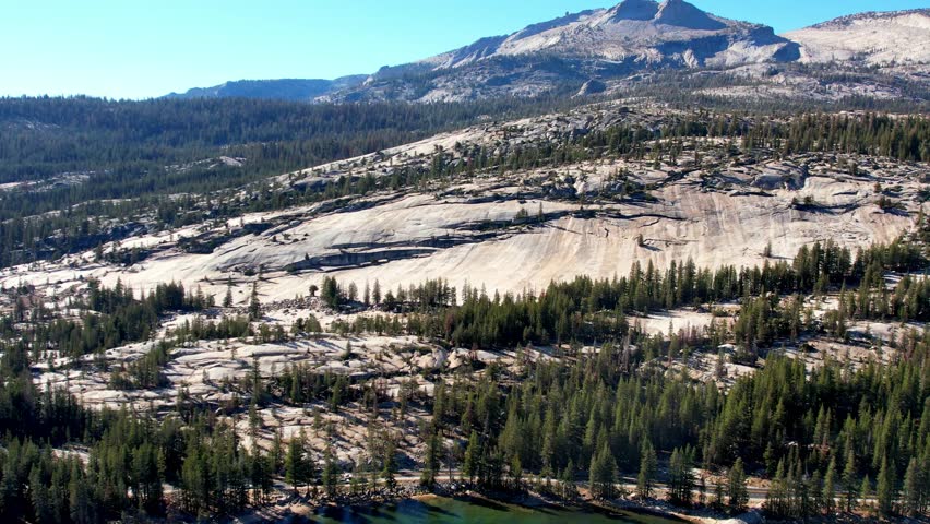 An expansive aerial perspective reveals the stunning Tenaya Lake surrounded by dramatic granite peaks and lush pine forests in Yosemite National Park. The crystal-clear blue water reflects the bright sky, highlighting the rugged beauty of the California Sierra Nevada wilderness.