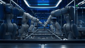 3D Animation: Time-Lapse of White Robot Arms on Assembly Line with Fully Automated Manufacturing Processes. Concept: Lights out Production Line with Autonomous Industrial Robotic Arms on a Smart Dark Factory.  - Powered by Shutterstock - Get 15% off with code: PIKWIZARD15