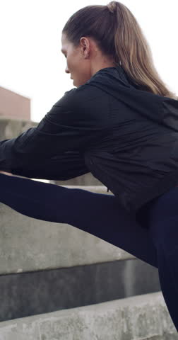 Woman, stretching and legs for fitness outdoor with vision, sprint exercise and sports preparation. Thinking, female person or getting ready with muscle warm up, cardio training and workout routine