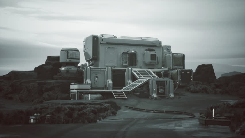 Module on terrain. Structure positioned on rough ground with connections. Spacecraft module situated on uneven landscape with external access features