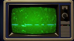 A vintage cathode-ray tube television set displaying blue digital noise and flickering static in a dark room. This 3D animation captures a nostalgic retro-tech aesthetic, perfect for horror, mystery, or nostalgic media projects. - Powered by Shutterstock - Get 15% off with code: PIKWIZARD15