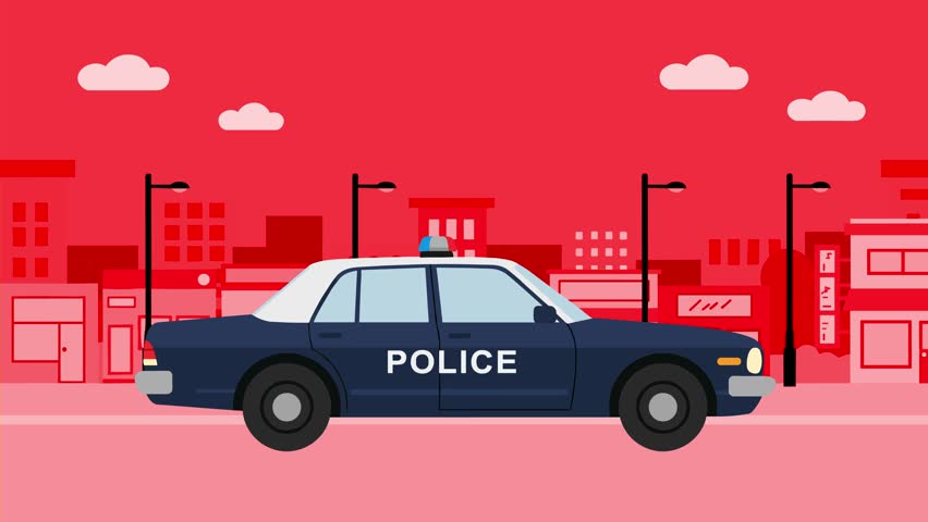 A flat 2D vector animation of a blue and white police car with flashing lights driving against a red-toned city background. Ideal for emergency service concepts, security explainers, and law enforcement media.