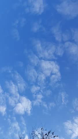 White fluffy clouds slowly floating across the blue sky.