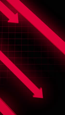 Red arrows moving down on a grid background. Abstract animation symbolizing financial crisis, market crash, recession, and economic decline