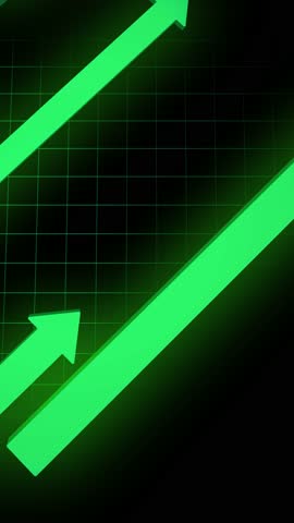 Upward moving green arrows on a black background with a grid. Animated financial chart concept showing growth, success, and improvement