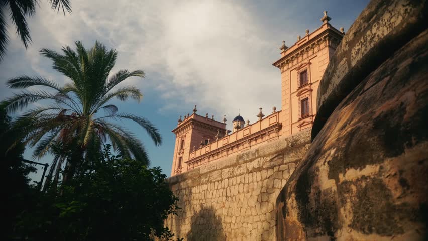 Palm tree and historic building on stone terrace