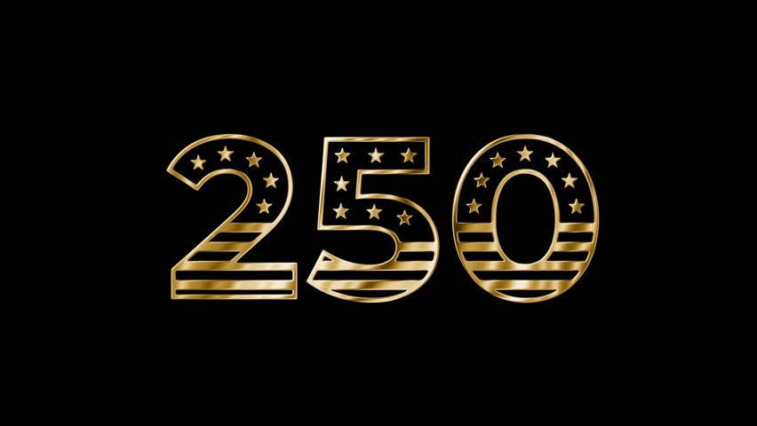 Ornate gold 250 numeral featuring an American flag inspired stars and stripes motif. a festive patriotic asset for 1776 to 2026 anniversary campaigns, civic tributes and national heritage visuals