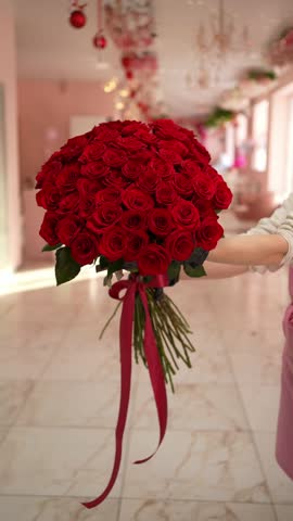 A large bouquet of fresh red roses with a ribbon. The concept of luxurious roses.