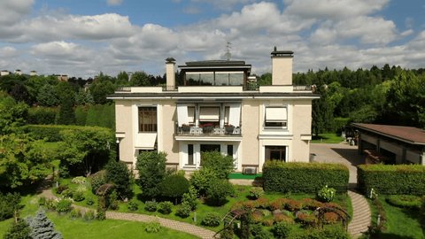 Drone Flying Forward toward Modern House Peredelkino