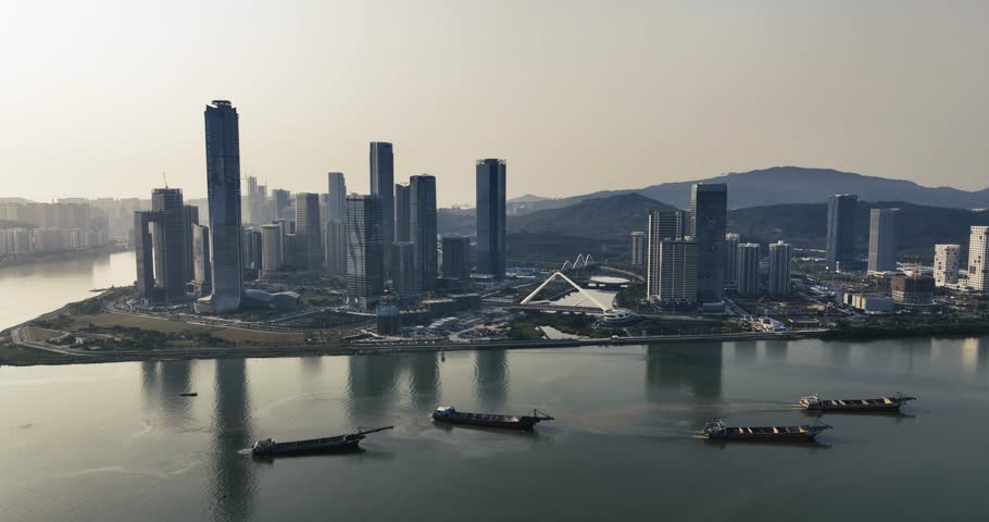  Aerial footage of landscape in zhuhai and macao, China