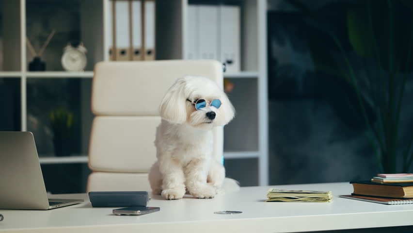 Fluffy Maltese dog in funny sunglasses sitting on desk in office, rich pet theme