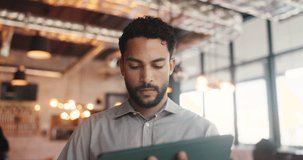 Hospitality, scroll and man in cafe with tablet, website review and inventory management with sales track. Laugh, stock checklist and owner with tech, online order or menu update on restaurant app. - Powered by Shutterstock - Get 15% off with code: PIKWIZARD15