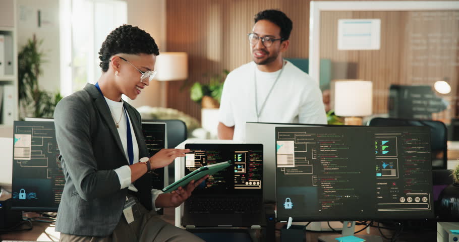 Happy, business people or high five with technology for programming, good news or app success. Man, woman or coding with tablet or smile for teamwork, cybersecurity or winning together in workplace
