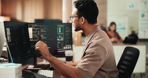 Typing, computer and programming with business man for cybersecurity, firewall code and research. Software engineering, it encryption and cloud data systems with person in office for tech agency - Powered by Shutterstock - Get 15% off with code: PIKWIZARD15