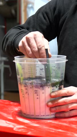 Professional body shop worker carefully mixing two component automotive paint in a special graduated plastic container before spraying a vehicle, preparing the liquid for the painting process