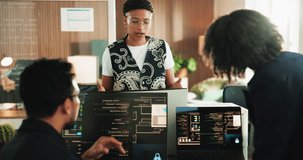 Programming, team and people in meeting with computer for coding ai, algorithm and planning software. Creative, agency and workers talking on pc for framework script, system testing and collaboration - Powered by Shutterstock - Get 15% off with code: PIKWIZARD15
