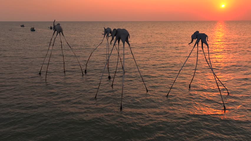 An Art Installation in sea water at Senato Beach Club during sunset, Aerial Drone Shot, Phu Quoc, Vietnam, Asia.