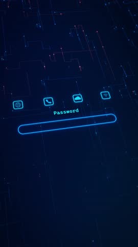 Digital Password Interface Digital Password Interface for product demos, app intros, security explainers, broadcast rim lighting, circuit subtle particle motion for a high-tech, polished visual 3D 4K