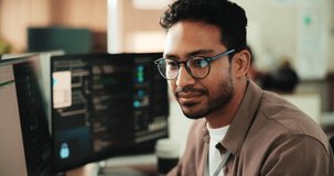 Smile, computer and programming with business man for cybersecurity, firewall code and research. Software engineering, it encryption and cloud data systems with person in office for tech agency - Powered by Shutterstock - Get 15% off with code: PIKWIZARD15