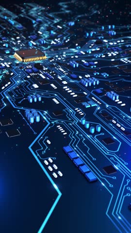 Futuristic Circuit Board Glowing CPU Data Paths Electronic Processor Board Technology Background. motherboard featuring blue circuit lines central processor. hardware engineering, AI processing,