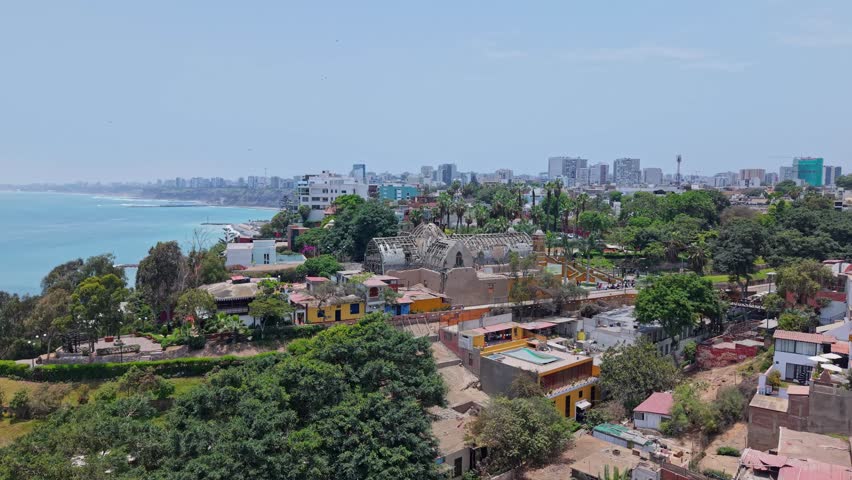 Aerial view of Lima with focus on Iglesia La Ermita restoration site
