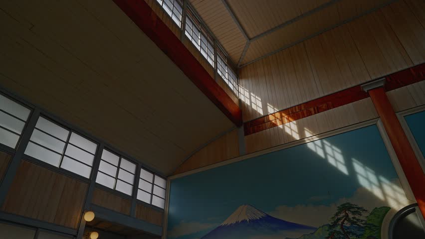 Low angle shot of the iconic Mount Fuji wall painting (Penki-e) and high vaulted ceiling inside Kodakara-yu. Natural light streams through windows, highlighting the historic architecture of this class