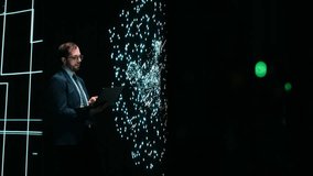 Researcher optimizes AI deep learning model by adjusting parameters using AR technology. Tech startup software developer projecting neural network architecture to modify datasets - Powered by Shutterstock - Get 15% off with code: PIKWIZARD15