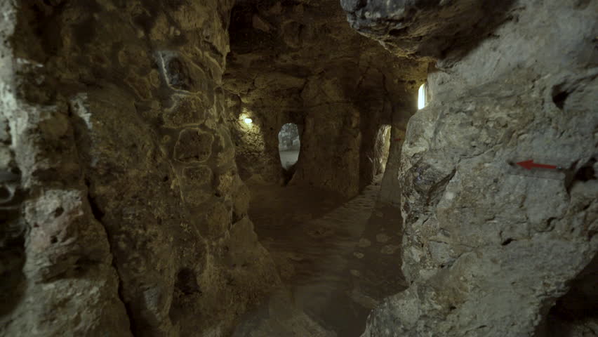 Cinematic shot of historic underground city in Cappadocia, Turkey