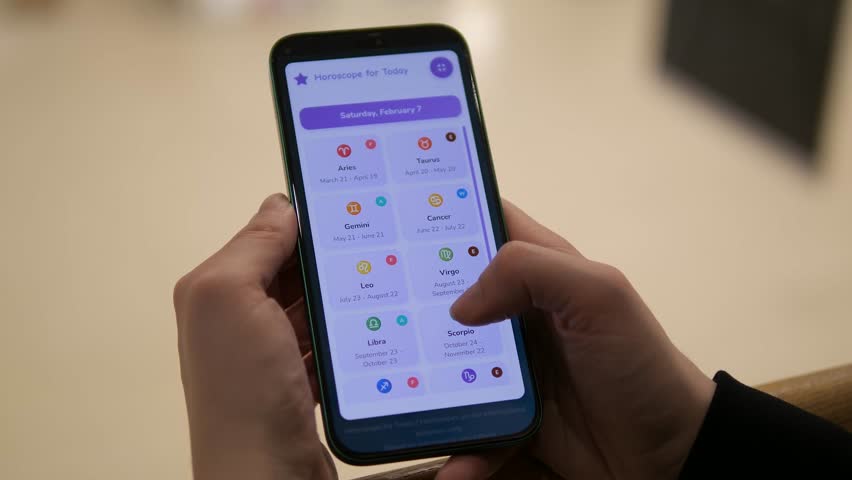 Hands scrolling horoscope app, opening zodiac profile and exploring love, career and health predictions. Modern esoteric lifestyle and mindfulness theme. Ideal for astrology startups, personal growth