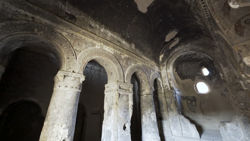 Cinematic shot of historic cave churches at Selime Castle in Cappadocia, Turkey