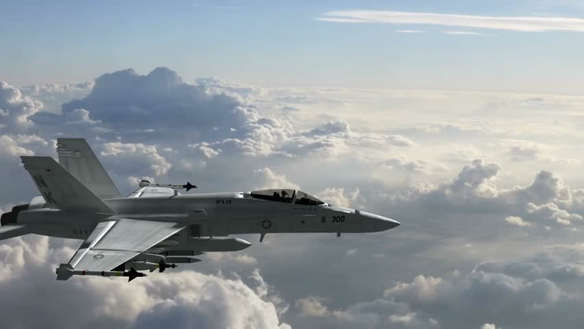 Single F A-18 fighter jet cruising above the clouds at high altitude, showcasing speed, power, and modern military aviation technology.