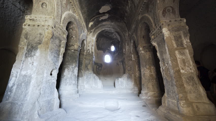 Cinematic shot of historic cave churches at Selime Castle in Cappadocia, Turkey