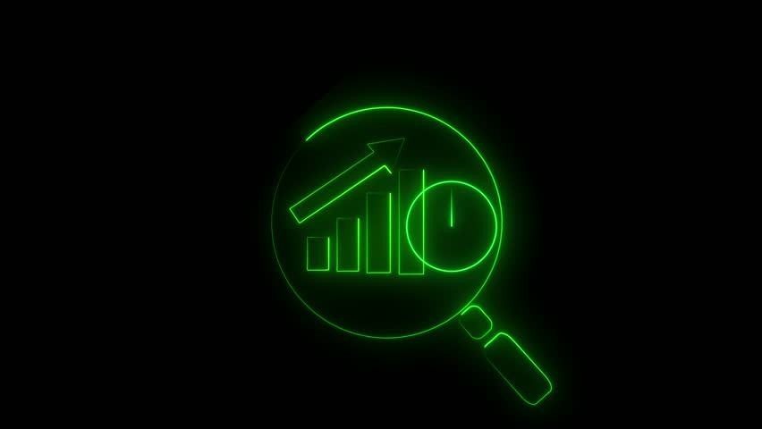 Magnifying glass over graph and clock bars decline under a downward arrow time pressure 4k animation