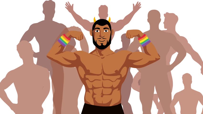 Muscular masculine man flexing his arms with rainbow pride wristbands