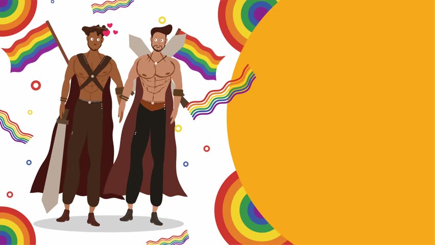Masculine men in fantasy costumes with rainbow flags and capes