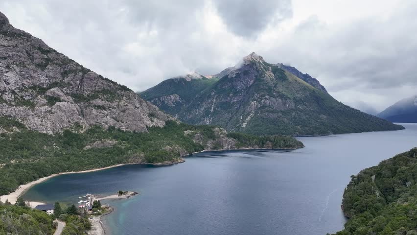 Drone view of Lake Nahuel Huapi and mountains in Bariloche, Argentina.