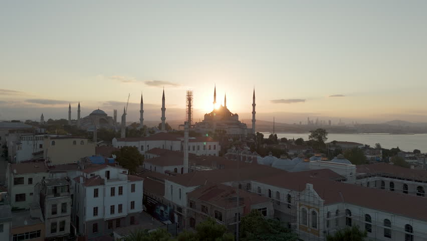 Cinematic aerial shot of historic Faith District at sunrise in Istanbul, Turkey