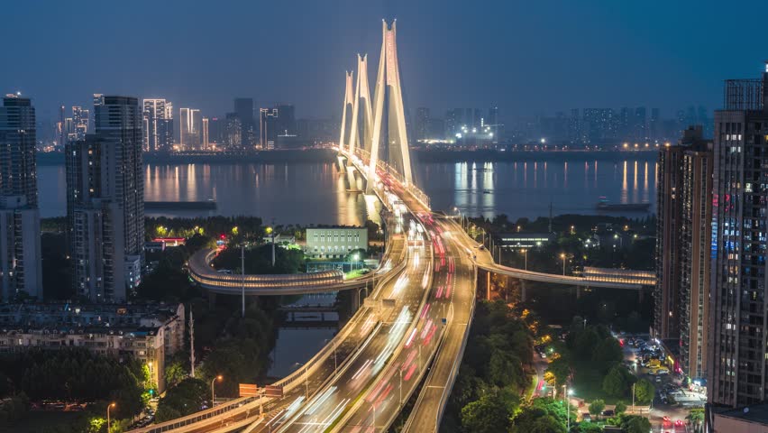 Night Time-lapse of Traffic Flow on Erqi Yangtze River Bridge in Wuhan, Hubei, China
