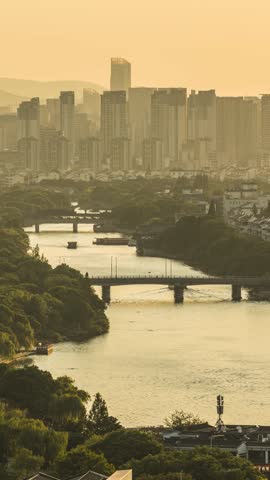 Vertical View of Suzhou Moat at Dusk in Jiangsu, China