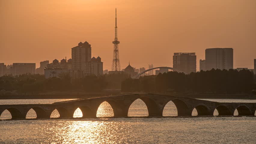 Sunset Time-lapse of Baodai Bridge over the Grand Canal in Wuzhong District, Suzhou, Jiangsu, China