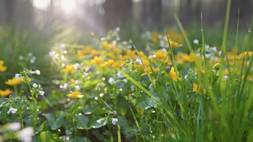 Golden sunrise over spring flowers in the forest, yellow wildflowers blooming in the morning sun with sparkling dew drops. Gimbal shot of Beautiful spring meadow at dawn with sunlight flares