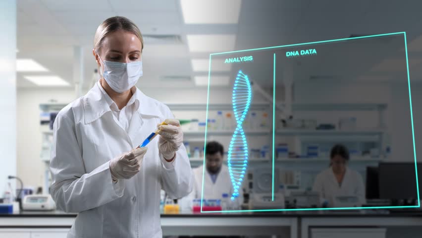Female Scientist Focuses Intently On DNA Sequencing With Holographic Data Projection And Advanced Equipment
